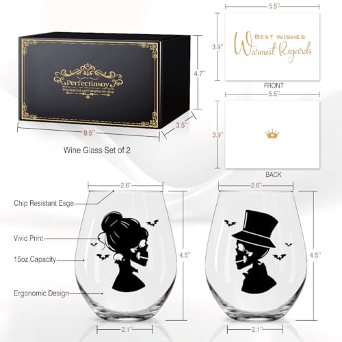 Gothic Halloween Skull Couple Wine Glasses with Gift Box
