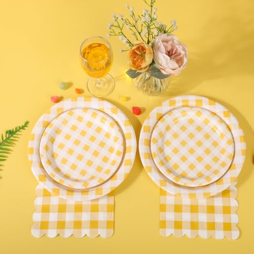 150 Pcs Yellow Gingham Paper Plates and Napkins (150 Count)
