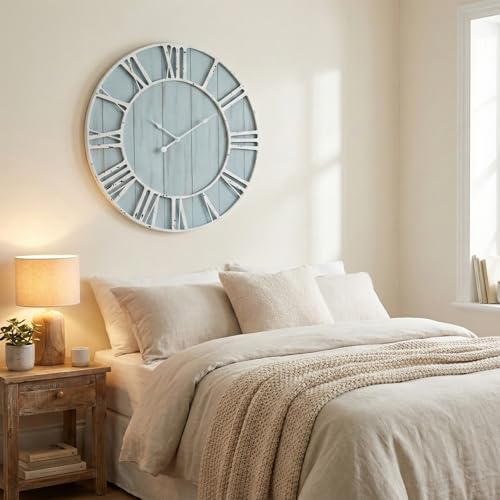 Large Farmhouse Wall Clock 30 Inch Vintage Blue Wooden Wall Clock with Quiet Ticking and Minimalist Roman Numerals for Bedroom Living Room Office Kitchen Home Decor