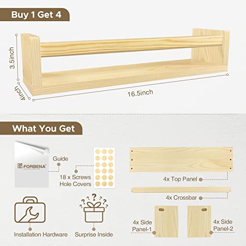 Natural Wood Nursery Book Shelves Wall Mounted (4 Count)