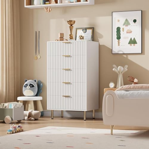 48" Fluted White 5 Drawer Dresser for Bedroom with Deep Drawers