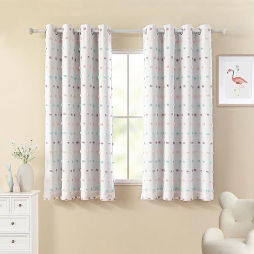 Total Blackout Curtains for Kids Bedroom Nursery Curtains 100% Light Block Doubled Curtains with Rainbow Pom Pom Sheer Window Drapes Room Darkening Grommet Set of 2 (2 Count)