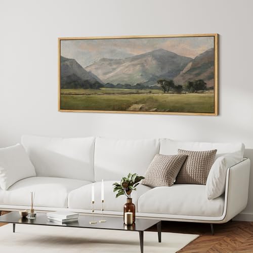 Extra Large Framed Canvas Print Wall Art Pastoral Beauty Classic Mountainous Landscape Illustrations Antique Retro Fine Art Illustrations Decorative Colorful for Bedroom