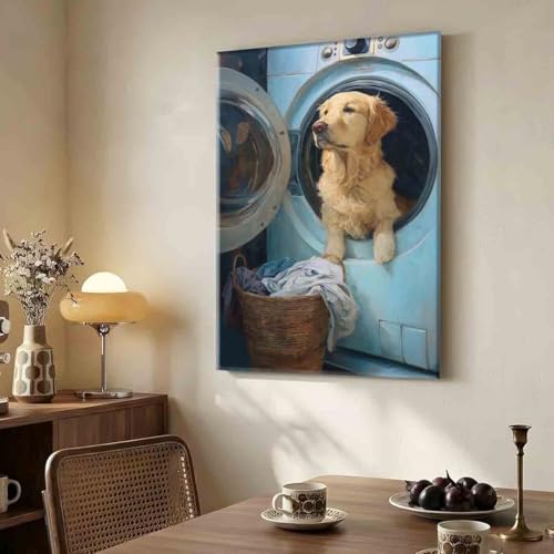 Laundry Room Canvas Wall Art Laundry Sign Painting Prints Vintage Funny Dog Artwork 16x24inch framed