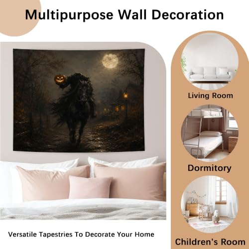 Whimsical Goth Halloween Headless Horseman Wall Tapestry 50x60 In