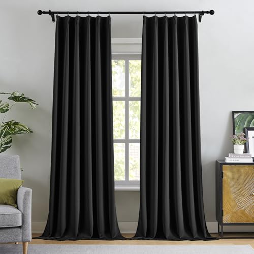 Black Pinch Pleat Blackout Curtains 120 Inches Long for Living Room 2 Panels