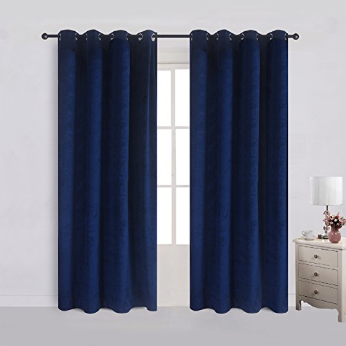Set of 2 Velvet Flannel Blackout Curtains Panel Drapes Grommet Draperies Eyelet 52Wx84L inch Navy Royal Blue