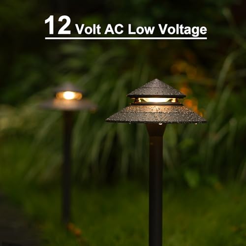 Pathway Lights Kits 3W LED 8PK Outdoor Low Voltage Landscape Lighting 180 Lumen Hardwired 2 Tier Pagoda Path Light 3000K Warm White Metal 12V Electric Sidewalk Walkway Lights with Connectors (8 Count)