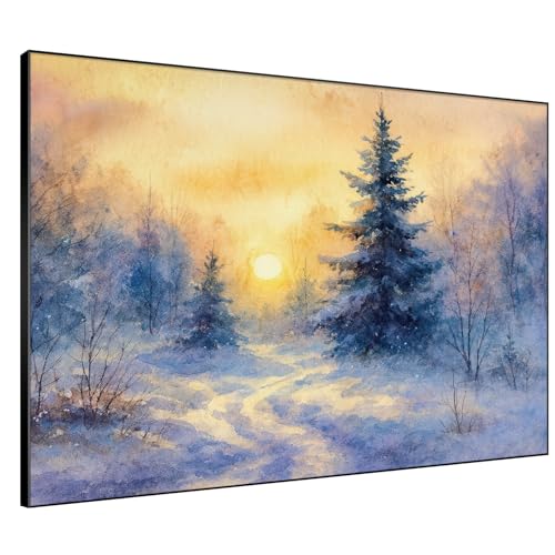 60"x72" Extra Large Framed Wall Art Winter Sunrise in Snowy Pine Forest Watercolor Style for Home Living Room Bedroom Decor