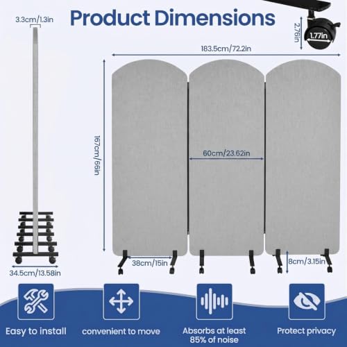 72 x 66 Inch 3 Panel Soundproof Room Divider with Wheels