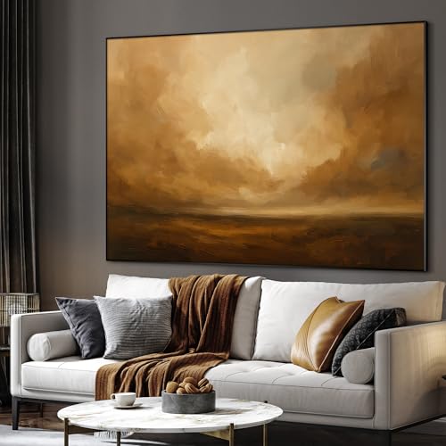 36"x46" Extra Large Framed Wall Art Golden Horizon Abstract Landscape Warm Brown and Amber Sky Illustration for Home Living Room Bedroom Decor
