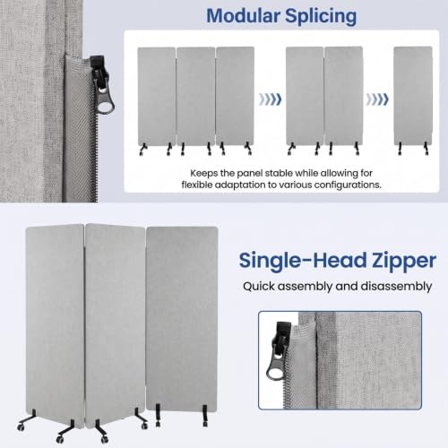 72in 3 Panel Soundproof Room Divider with Wheels