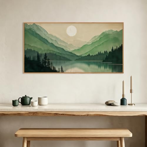 Green Boho Mountain Lake Framed Canvas Wall Art Set