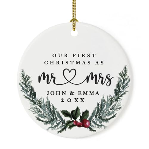 Personalized Our First Christmas As Mr. & Mrs. Christmas Ornaments Holly & Pine Wreath 2.8" Round Porcelain Ceramic Custom 1St Year Married Christmas Ornament 2026 for Newlyweds 1