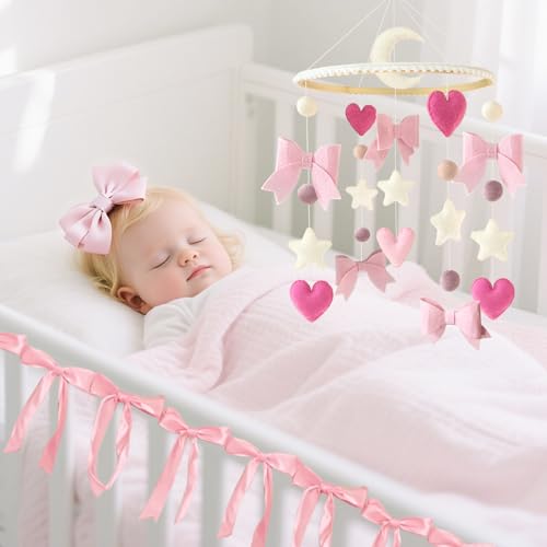 Pink Bow Baby Crib Mobile with Pink Ribbon Bow Garland Banner