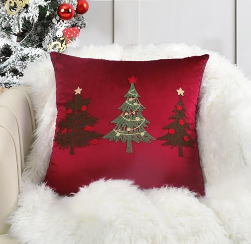 Christmas Tree Pillow Covers 18x18 Inch Red Embroidered Tree Throw Pillows for Holiday Decorations