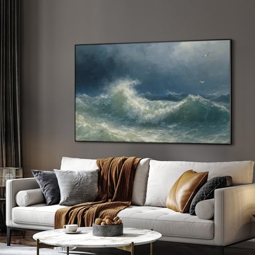 30"x60" Extra Large Framed Wall Art Dramatic Ocean Waves with Stormy Sky and Seagulls for Home Living Room Bedroom Decor