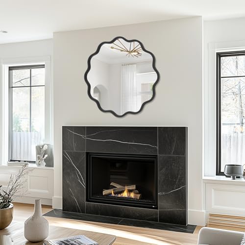 Black Round Mirror 28 Inch Wavy Bathroom Vanity Mirror Gold Frame Modern Wall Mirror Decorative Wall
