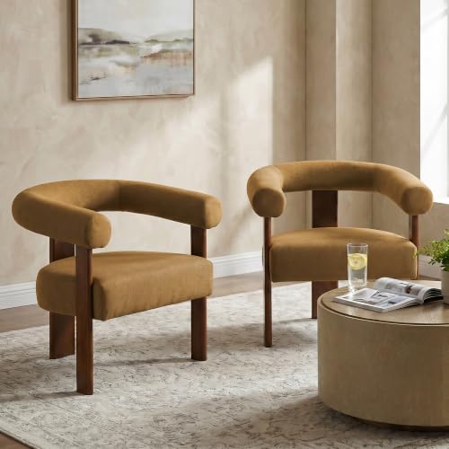 Barrel Accent Chairs Set of 2 with Armrests and Walnut Wood Legs (2 Count)