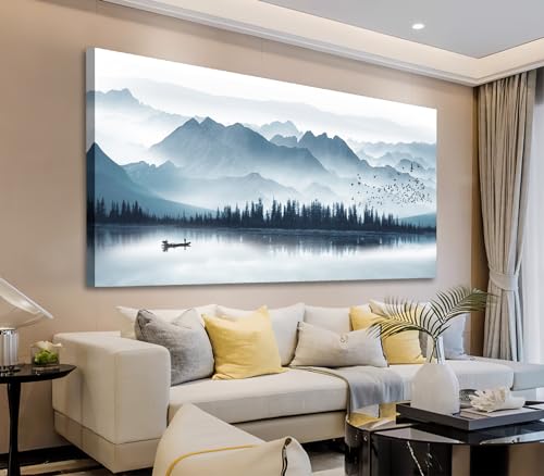 Indigo Canvas Wall Art Misty Mountain Wall Pictures Foggy Lake Boat Painting Print Blue Forest Birds Artwork Wall Decor for Living Room Wall Decorations Framed Ready to Hang 29" x 58"