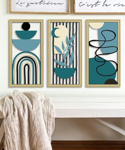 Boho Wall Art Set of 3 Modern Minimalist Wooden Wall Decor Abstract Geometric Room Decorations Mid Century Artwork for Living Room Bedroom Office in Blue Tones 16.5 x 8.6 Inch (3 Count)