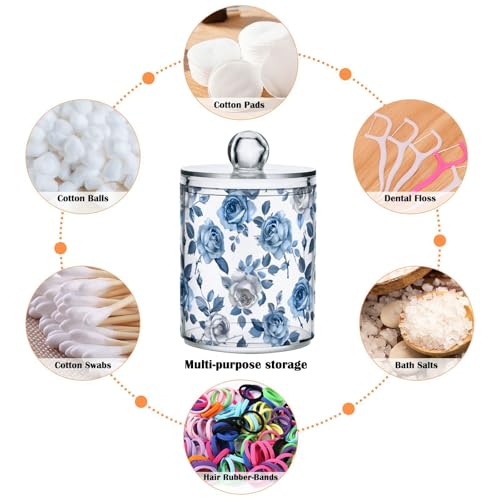 2 Pack Qtip Holder Organizer Dispenser Roses Blue Grey Bathroom Storage Canister Cotton Ball Holder Container for Cotton Pads (2 Count)