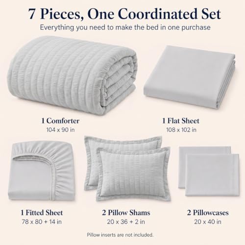 King Size Comforter Set 7 Pieces Light Grey Seersucker Bed in a Bag