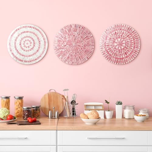 3 Pcs 11.8 Inches Modern Pink Mother of Pearl Shell Plate Preppy Coastal Pink Wall Art Mosaic Wall Sculpture Shell Handmade Hanging Plates Arts for Bedroom Bathroom Home Office Hotel (3 Count)