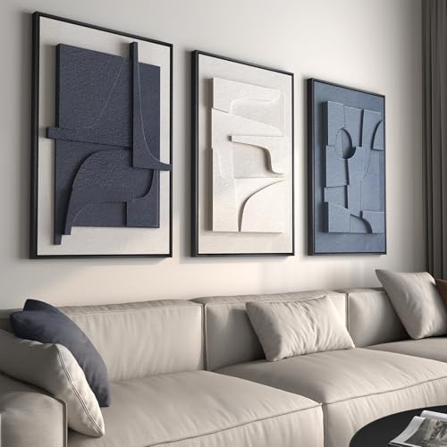 Large Framed Blue Abstract Wall Art for Living Room (3 Count)