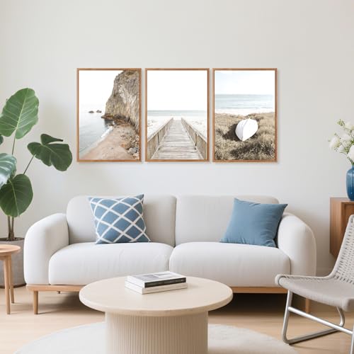 3 Pcs Neutral Beach Coastal Framed Canvas Wall Art 16x24 Inch