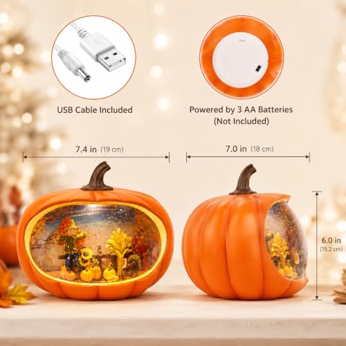 Fall Decor Snow Globes Lighted Pumpkin Thanksgiving Decoration Swirling Glitter Snow Globes Pumpkin Table Accent for Fall Decoration for Home