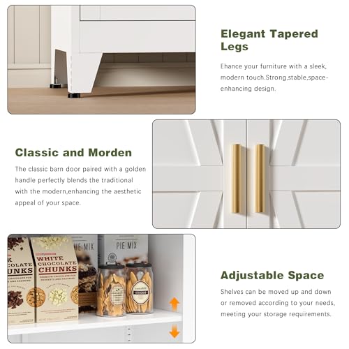 White Farmhouse Storage Kitchen Pantry Cabinet with 2 Barn Door