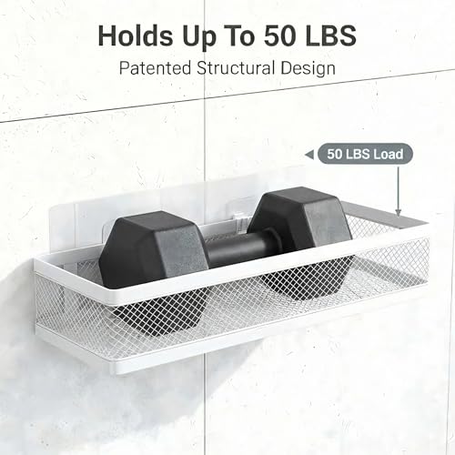 5-in-1 16.5" Extra Long Slim Wall Mount Wrapped Mesh Kitchen Organizer & Shower Caddy Kit, with Paper Towel Holder, Utensil Holder, Soap Dish, Holds 50LBS - White, Netting