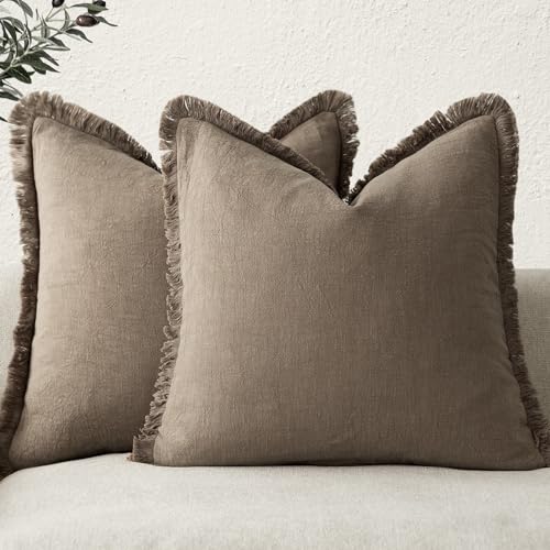 Decorative Linen Fringe Throw Pillow Covers 18×18 Light Brown (2 Count)