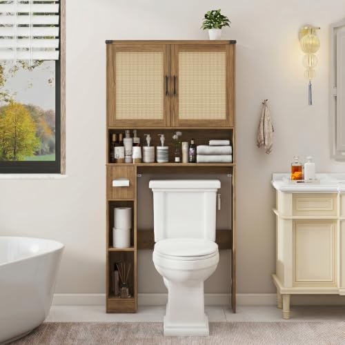 Over The Toilet Storage Cabinet with 2 Rattan Barn Doors