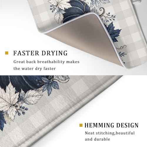 Fall Dish Drying Mat for Kitchen Counter Blue White Pumpkins Grey Plaid Super Absorbent Reversible Microfiber Kitchen Countertop Protector Dishes Pad Large 18x24 inch