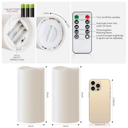8"x4" Large Waterproof Outdoor Flameless Candles with Remote Timer (2 Count)