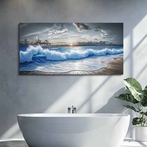 Wall Decor For Living Room Blue Ocean Wave Painting 20"X40"