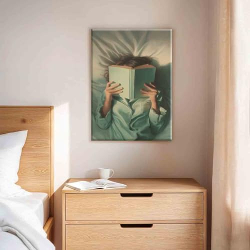 Emerald Green Reading Woman Wall Art Minimalist Abstract Portrait 16x24inch framed
