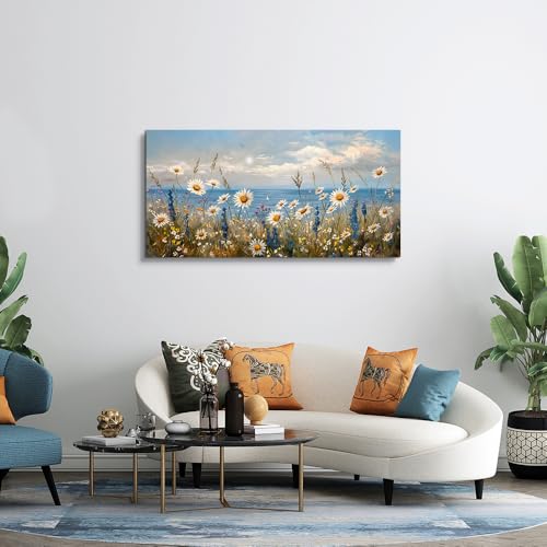 Blue Ocean Canvas Wall Art for Living Room Wall Decor For Bedroom Bathroom Decoration Abstract Natural Seascape Painting Modern Office Wildflowers Artwork Pictures Home Decor Ready To Hang