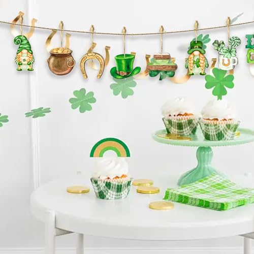 Mtruil 12 Pcs St Patricks Day Ornaments for Tree Shamrock Wooden Dwarf