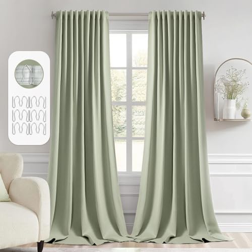 Sage Green Back Tab Blackout Curtains 52x108 Inch Long 2 Panels Set (2 Count)