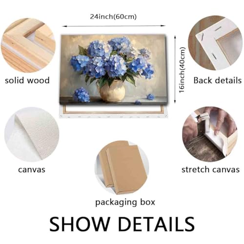 White And Blue Hydrangea Wall Art Hydrangea Flower Pictures Abstract Floral Paintings Elegant Floral Picture Rustic Farmhouse Wall Art Vintage Flowers Painting Living Room Decor 16x24inch Framed
