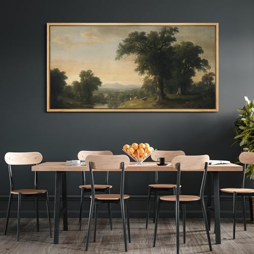 Extra Large Framed Canvas Print Wall Art Pastoral Countryside Landscape Serene River View with Cows and Trees Illustrations Fine Art Illustrations Decorative Colorful for Bedroom