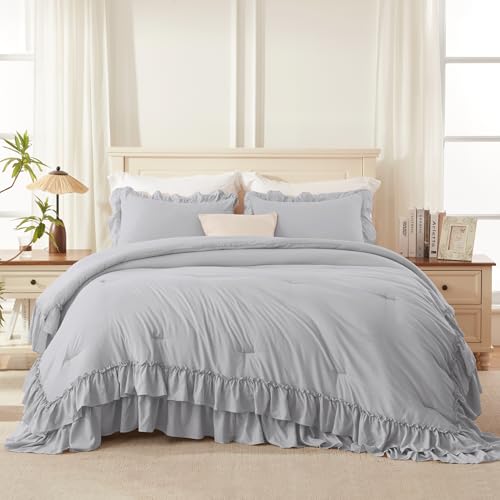 Silver Gray Ruffle California King Comforter Set