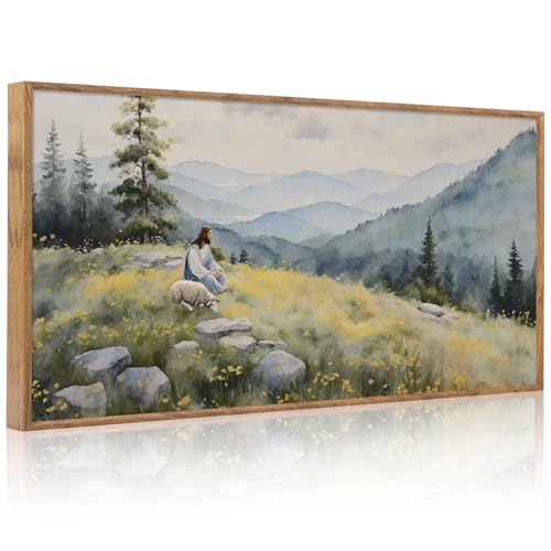 Jesus Lost Sheep Psalm 23 Framed Canvas Wall Art 40x20 Inch