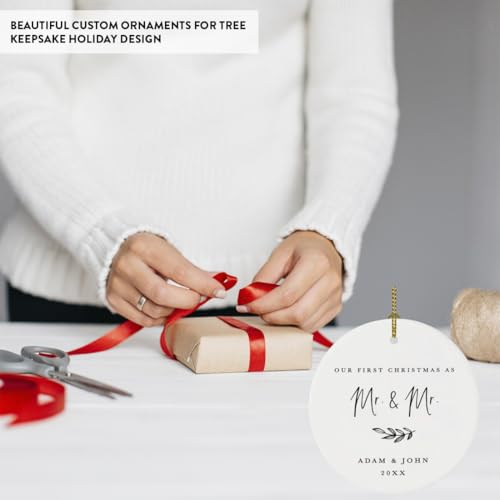 Personalized Gay Couple Wedding Round Ceramic Porcelain Tree Ornament Engagement Keepsake Gift