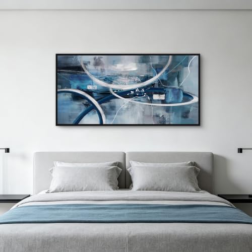 Blue Abstract Wall Art Modern Neutral Fluid Painting with Thin Black Frame