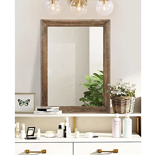 Rustic Wood Mirror Rectangle Decorative Wall Mirrors with Frame Large 26"x18"for Bedroom Living Room Bathroom Entryway Hanging Brown