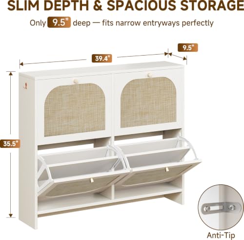 Freestanding Ultra Slim Arched Rattan Accent Shoe Storage Cabinet for Entryway